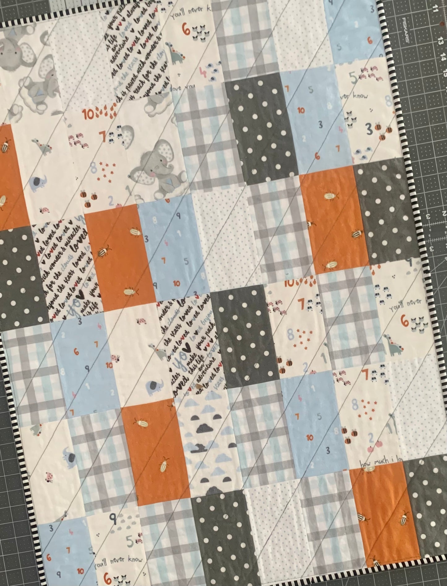 Patchwork Flannel (Orange + Gray + Blue) Quilt